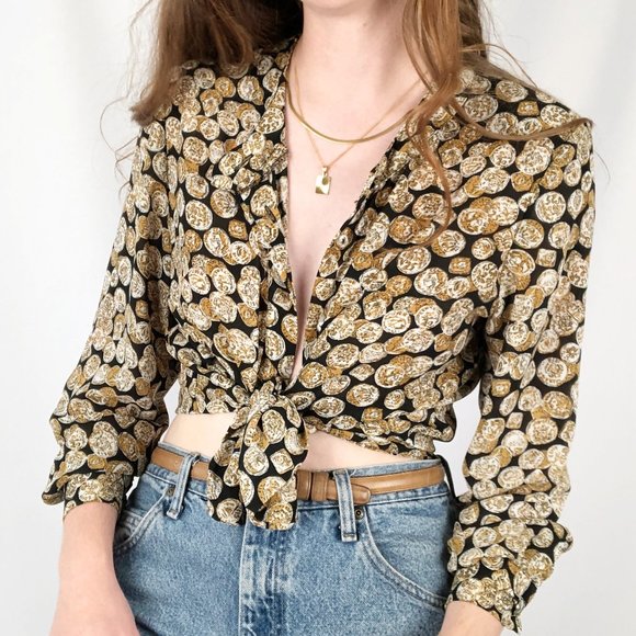 Stunning Vintage Oversized Archaeology Ancient Coin Print Button Up Blouse Shirt - Picture 2 of 6